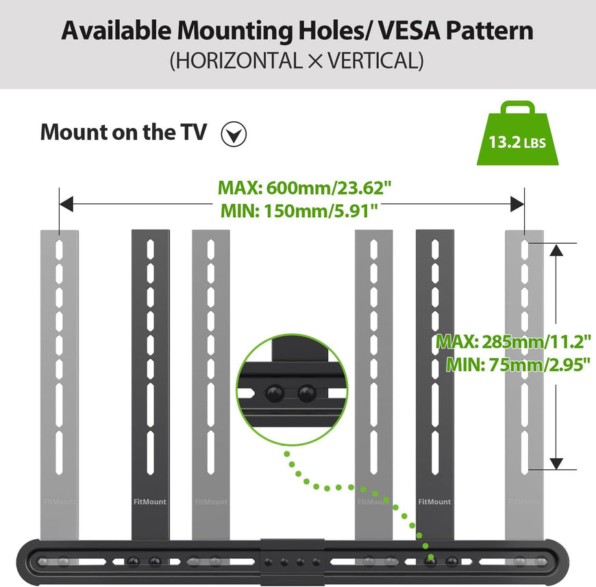 Universal Soundbar Mount, Sound Bar TV Bracket for Soundbar with Speaker, Fits 2 Installation Options, Removable No-Slip Base Holder Extends 3.46”-6.06”