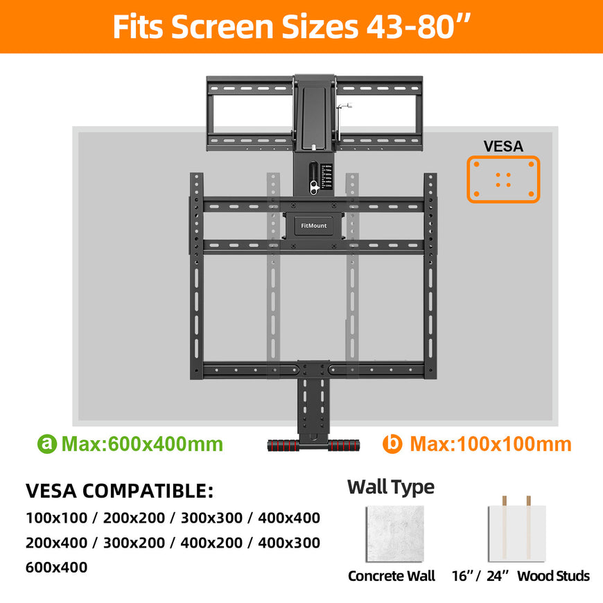 Fireplace Mantel TV Wall Mount, Above Fireplace Drop Down TV Mount, With Height Adjust for Most 43" - 80" TVs, Max VESA 600x400mm, up to 80lbs, above Fireplaces TV Mount