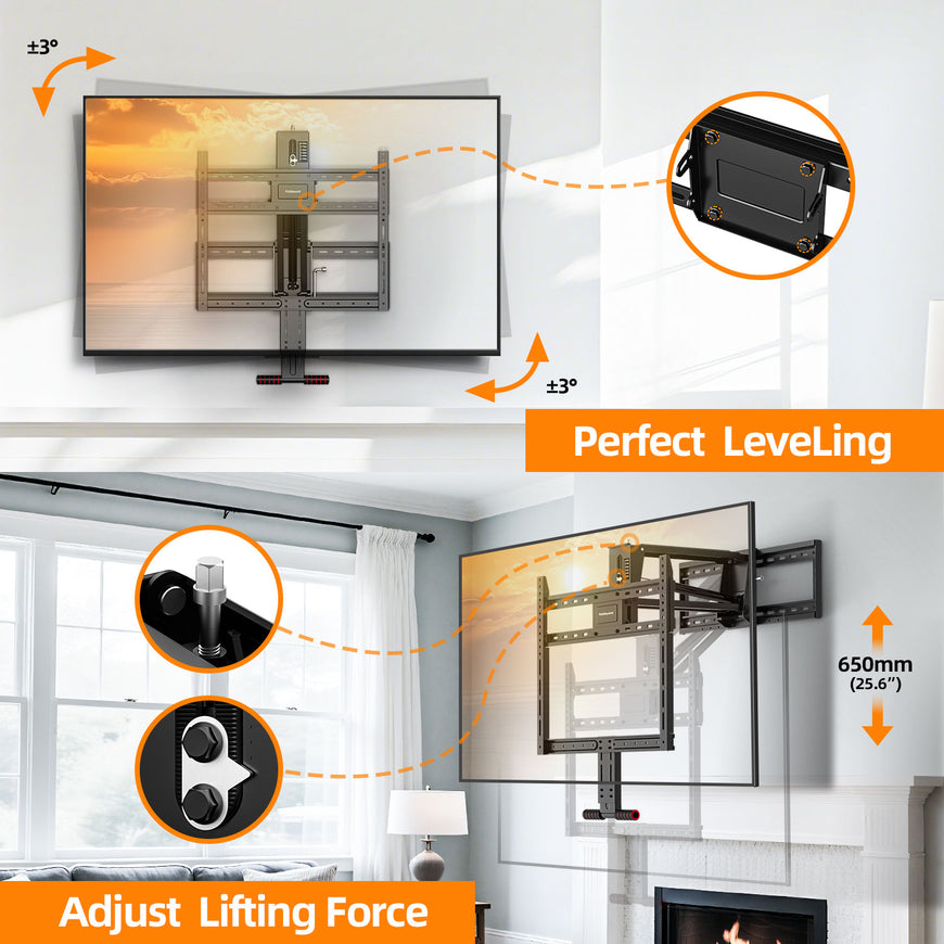 Fireplace Mantel TV Wall Mount, Above Fireplace Drop Down TV Mount, With Height Adjust for Most 43" - 80" TVs, Max VESA 600x400mm, up to 80lbs, above Fireplaces TV Mount